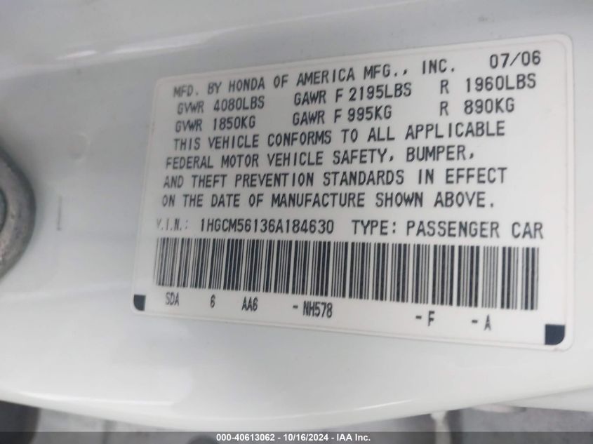 2006 Honda Accord 2.4 Vp VIN: 1HGCM56136A184630 Lot: 40613062