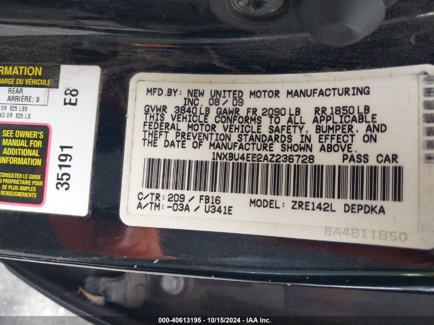 2010 Toyota Corolla VIN: 1NXBU4EE2AZ236728 Lot: 40613195