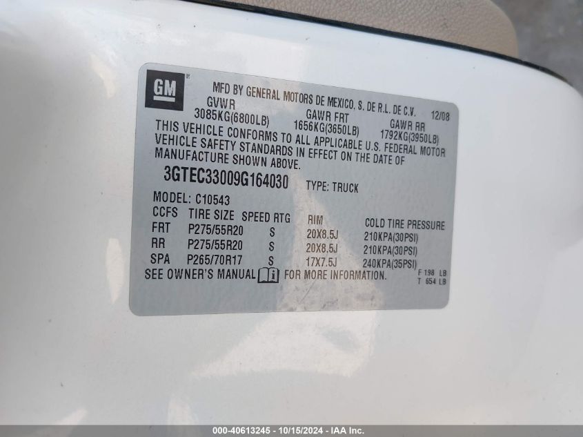 2009 GMC Sierra 1500 Slt VIN: 3GTEC33009G164030 Lot: 40613245