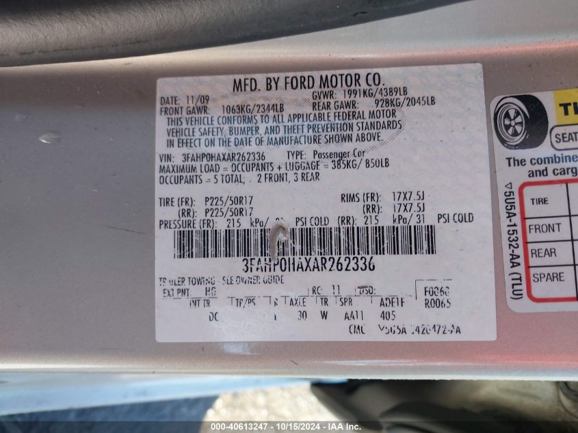 2010 Ford Fusion Se VIN: 3FAHP0HAXAR262336 Lot: 40613247