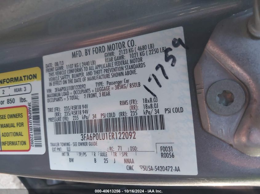 VIN 3FA6P0LU1ER122092 2014 Ford Fusion, Hybrid SE no.9