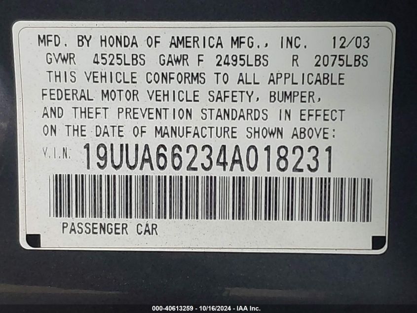 2004 Acura Tl VIN: 19UUA66234A018231 Lot: 40613259