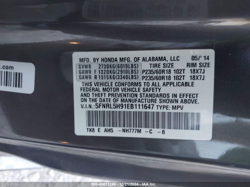 VIN 5FNRL5H91EB111647 2014 HONDA ODYSSEY no.9