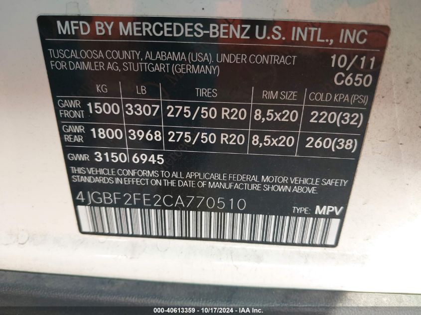 2012 Mercedes-Benz Gl 350 Bluetec 4Matic VIN: 4JGBF2FE2CA770510 Lot: 40613359