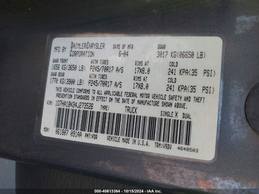 2004 Dodge Ram 1500 Slt/Laramie VIN: 1D7HA18N34J273526 Lot: 40613364