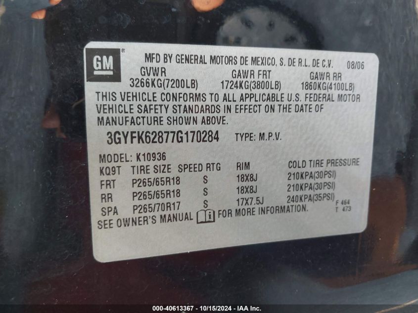 2007 Cadillac Escalade Ext Standard VIN: 3GYFK62877G170284 Lot: 40613367