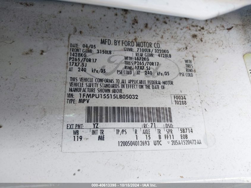 2005 Ford Expedition Xlt VIN: 1FMPU15515LB05032 Lot: 40613395