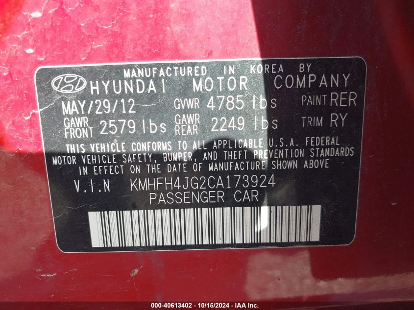 2012 Hyundai Azera VIN: KMHFH4JG2CA173924 Lot: 40613402