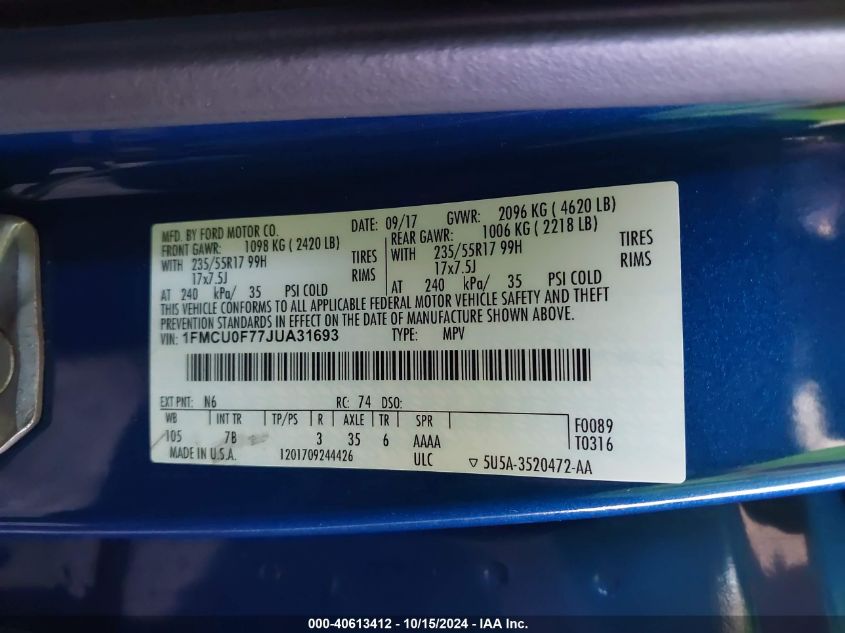 2018 Ford Escape S VIN: 1FMCU0F77JUA31693 Lot: 40613412