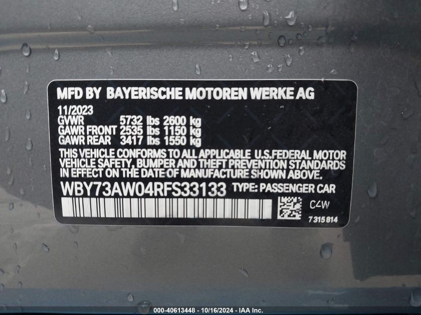 2024 BMW I4 Edrive40 VIN: WBY73AW04RFS33133 Lot: 40613448