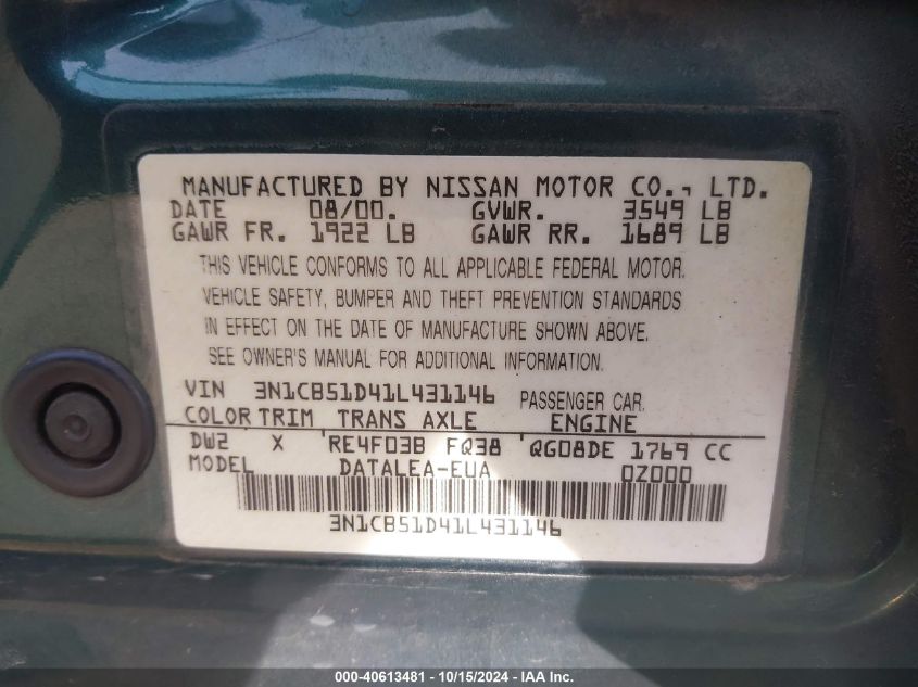 2001 Nissan Sentra Gxe VIN: 3N1CB51D41L431146 Lot: 40613481