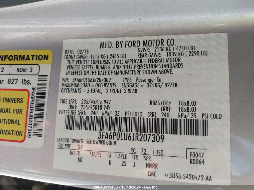 VIN 3FA6P0LU6JR207309 2018 Ford Fusion, Hybrid SE no.9