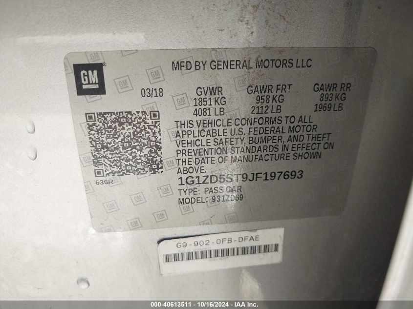 2018 CHEVROLET MALIBU VIN: 1G1ZD5ST9JF197693