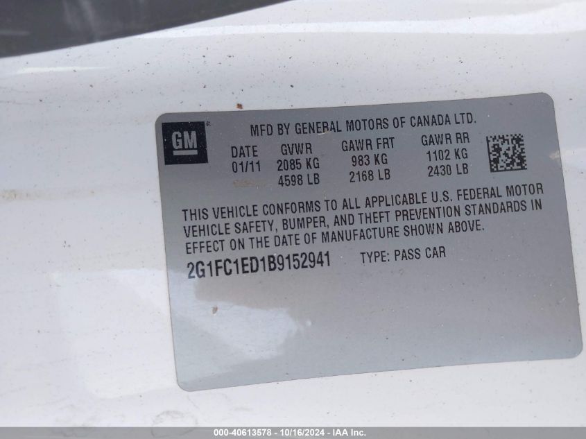 2011 CHEVROLET CAMARO VIN: 2G1FC1ED1B9152941