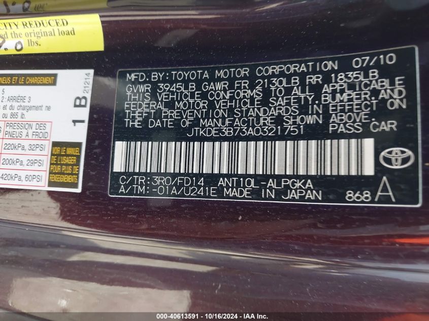 2010 Scion Tc VIN: JTKDE3B73A0321751 Lot: 40613591