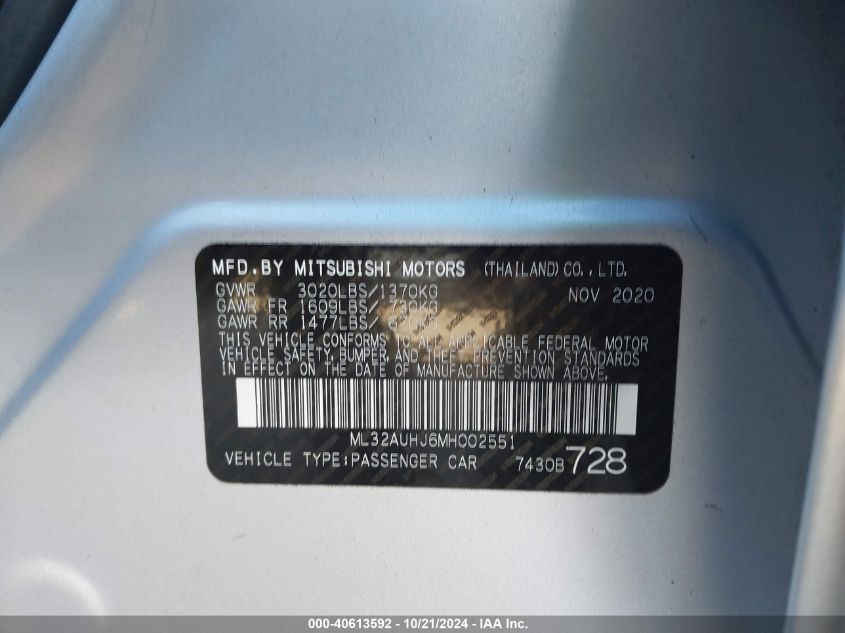 2021 Mitsubishi Mirage Es/Le/Carbonite Edition VIN: ML32AUHJ6MH002551 Lot: 40613592