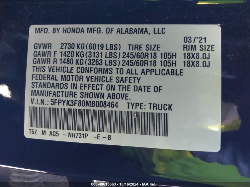 2021 Honda Ridgeline Black Edition VIN: 5FPYK3F80MB008464 Lot: 40613663