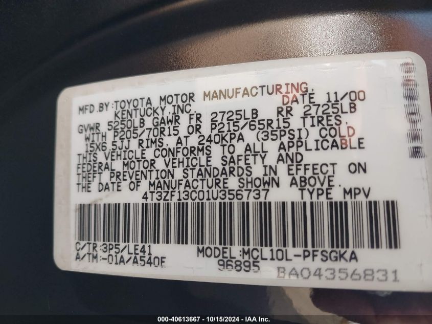 2001 Toyota Sienna Xle VIN: 4T3ZF13C01U356737 Lot: 40613667