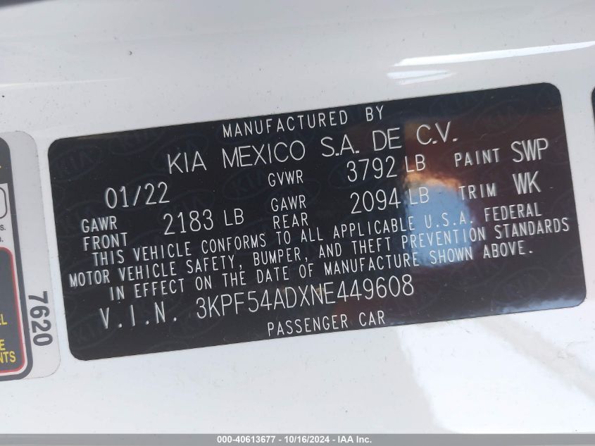 2022 Kia Forte Gt-Line VIN: 3KPF54ADXNE449608 Lot: 40613677