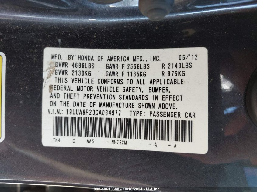 2012 Acura Tl 3.5 VIN: 19UUA8F20CA034977 Lot: 40613680