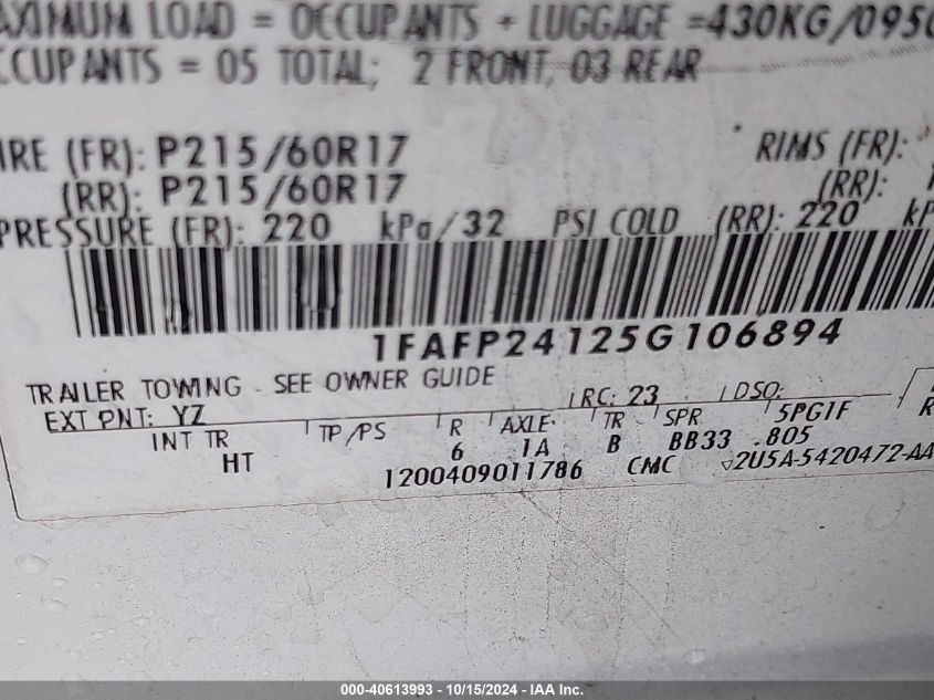 2005 Ford Five Hundred Sel VIN: 1FAFP24125G106894 Lot: 40613993