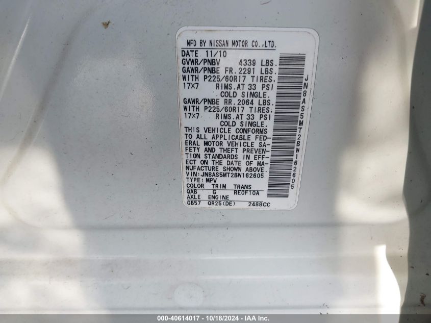 2011 Nissan Rogue Sv VIN: JN8AS5MT2BW162605 Lot: 40614017