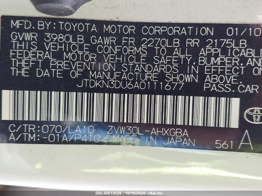 2010 Toyota Prius Iv VIN: JTDKN3DU6A0111677 Lot: 40614026