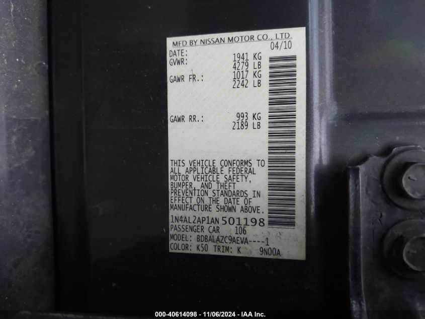 2010 Nissan Altima 2.5 VIN: 1N4AL2AP1AN501198 Lot: 40614098