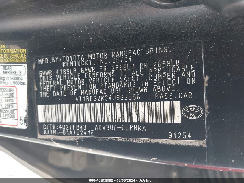 2004 Toyota Camry Le VIN: 4T1BE32K34U933556 Lot: 40614102