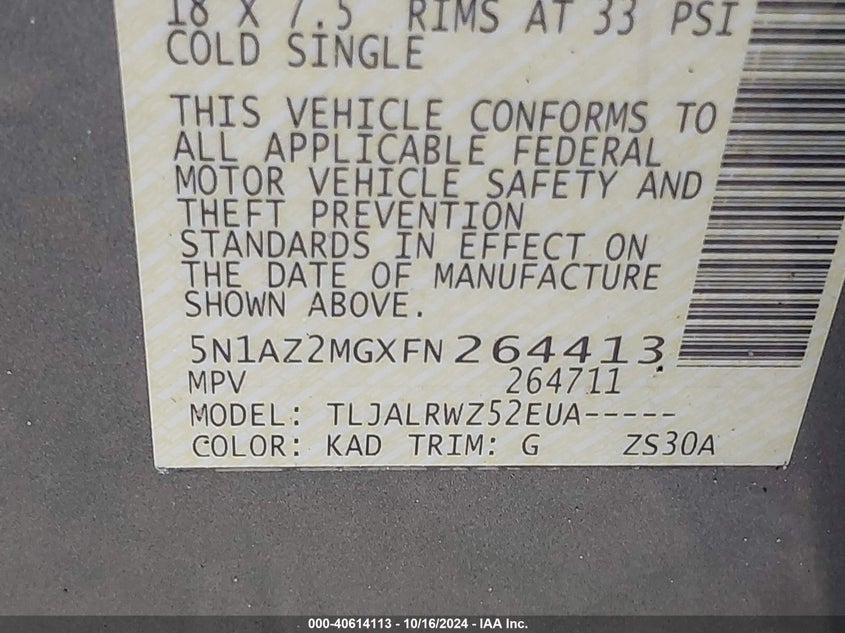 2015 Nissan Murano Sl VIN: 5N1AZ2MGXFN264413 Lot: 40614113