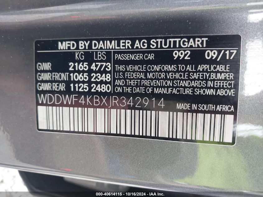 2018 Mercedes-Benz C 300 4Matic VIN: WDDWF4KBXJR342914 Lot: 40614115