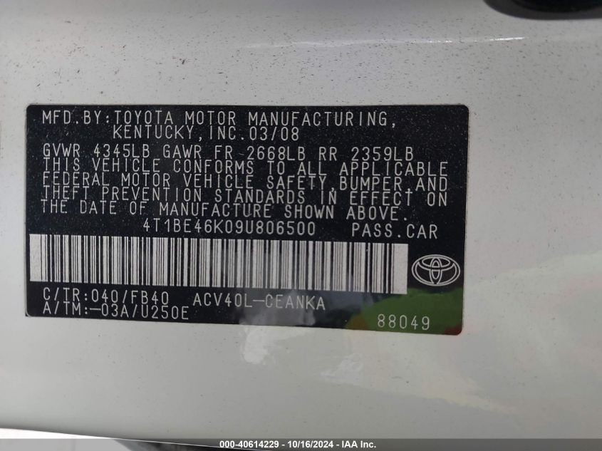 2009 Toyota Camry Le VIN: 4T1BE46K09U806500 Lot: 40614229