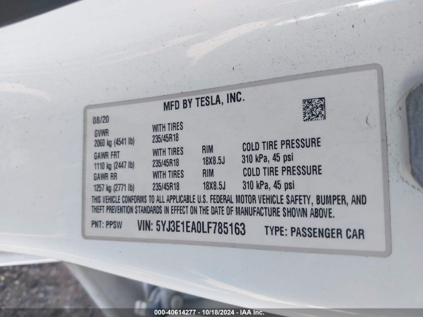 2020 Tesla Model 3 Standard Range Plus Rear-Wheel Drive/Standard Range Rear-Wheel Drive VIN: 5YJ3E1EA0LF785163 Lot: 40614277