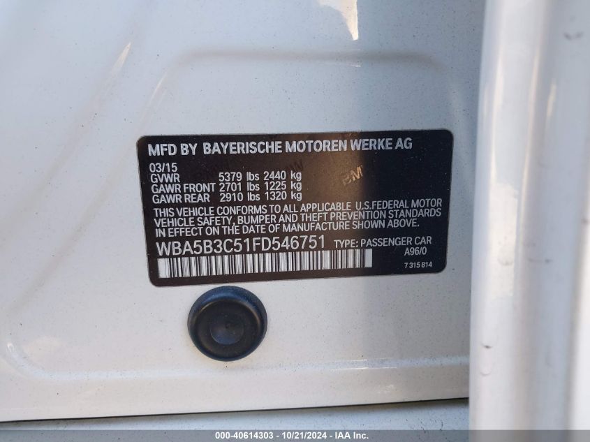 2015 BMW 535I xDrive VIN: WBA5B3C51FD546751 Lot: 40614303