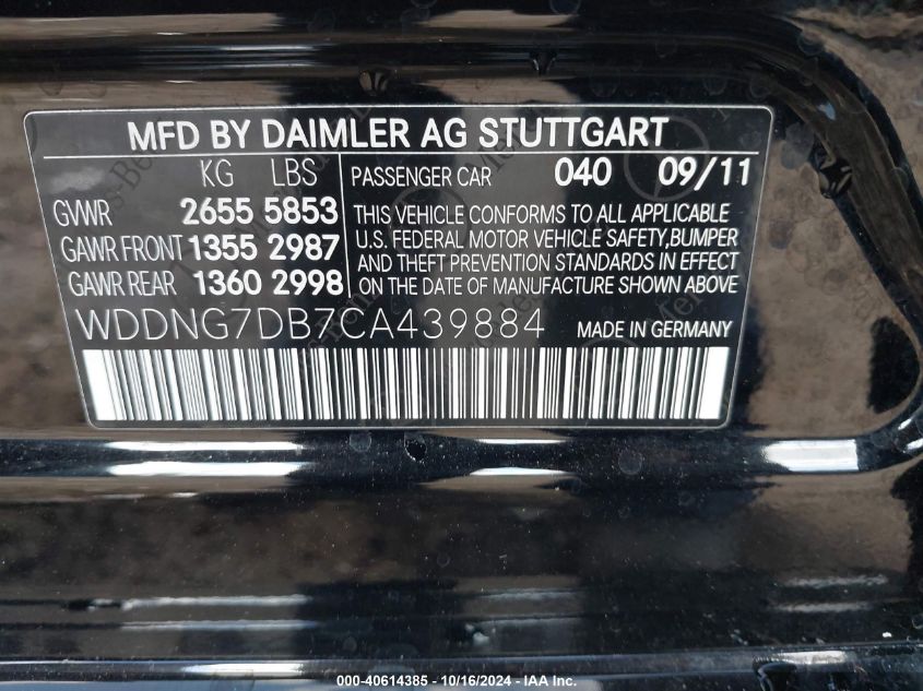 2012 Mercedes-Benz S 550 VIN: WDDNG7DB7CA439884 Lot: 40614385