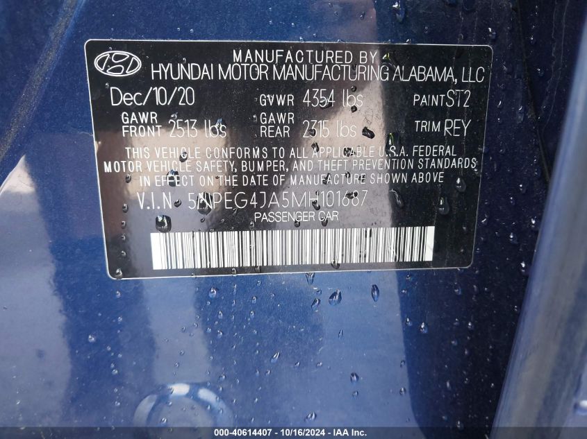 2021 Hyundai Sonata Se VIN: 5NPEG4JA5MH101687 Lot: 40614407