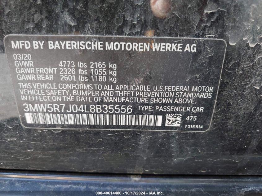 2020 BMW 330I xDrive VIN: 3MW5R7J04L8B35556 Lot: 40614480