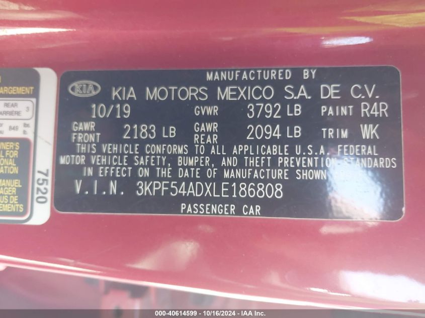 2020 Kia Forte Ex VIN: 3KPF54ADXLE186808 Lot: 40614599