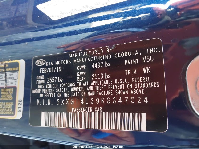 2019 Kia Optima Lx/S VIN: 5XXGT4L39K347024 Lot: 40614747