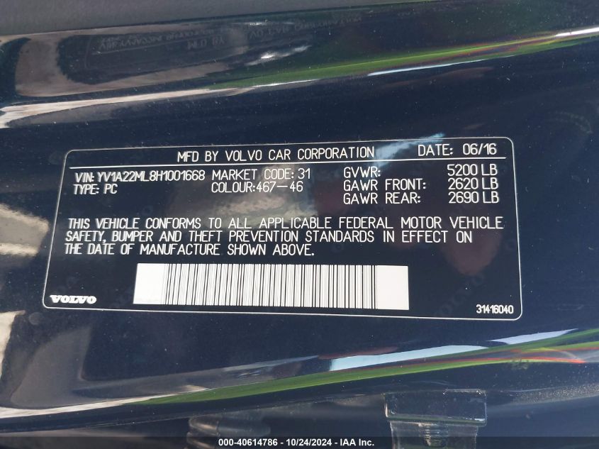 VIN YV1A22ML8H1001668 2017 Volvo S90, T6 Inscription no.9