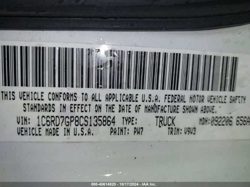 2012 Ram 1500 Slt VIN: 1C6RD7GP8CS135864 Lot: 40614820