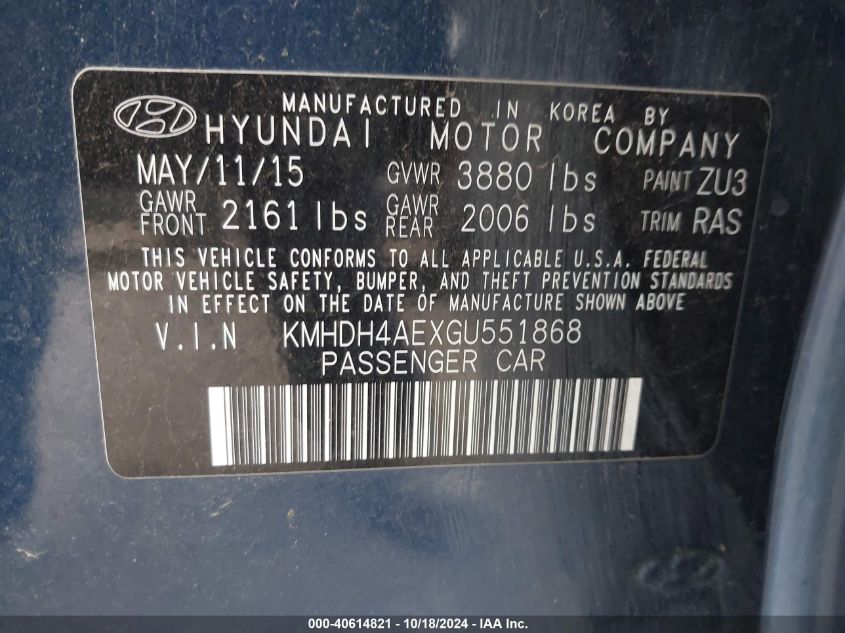 2016 Hyundai Elantra Limited VIN: KMHDH4AEXGU551868 Lot: 40614821