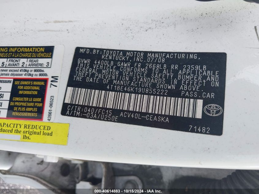 2009 Toyota Camry Se VIN: 4T1BE46K19U855222 Lot: 40614883