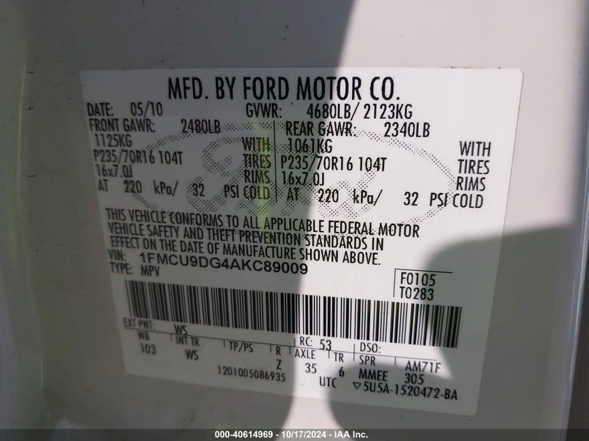 2010 Ford Escape Xlt VIN: 1FMCU9DG4AKC89009 Lot: 40614969