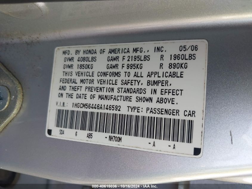 2006 Honda Accord 2.4 Lx VIN: 1HGCM56446A146592 Lot: 40615036