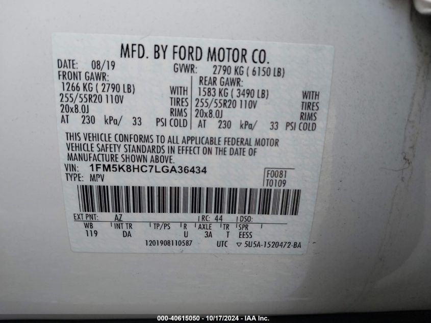 2020 Ford Explorer Platinum VIN: 1FM5K8HC7LGA36434 Lot: 40615050