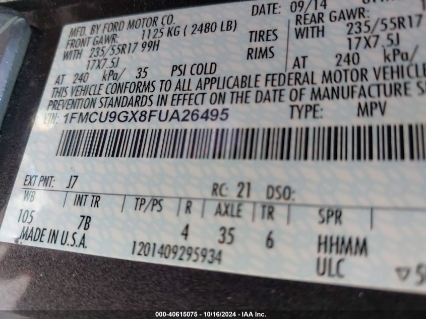 2015 Ford Escape Se VIN: 1FMCU9GX8FUA26495 Lot: 40615075