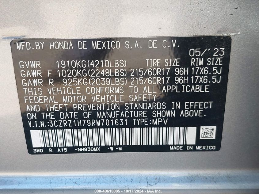 2024 Honda Hr-V 2Wd Ex-L/2Wd Ex-L W/O Bsi VIN: 3CZRZ1H79RM701631 Lot: 40615085