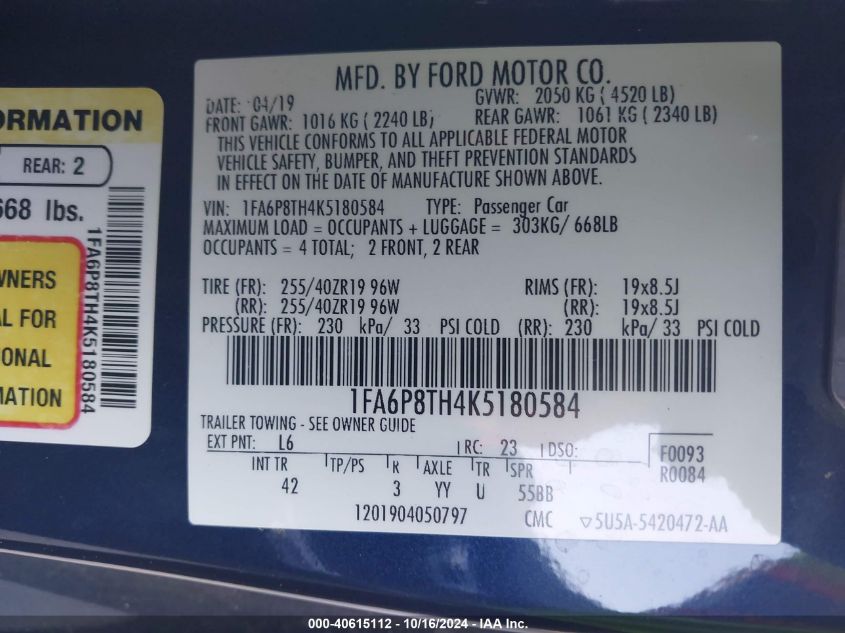 2019 Ford Mustang Ecoboost Premium VIN: 1FA6P8TH4K5180584 Lot: 40615112