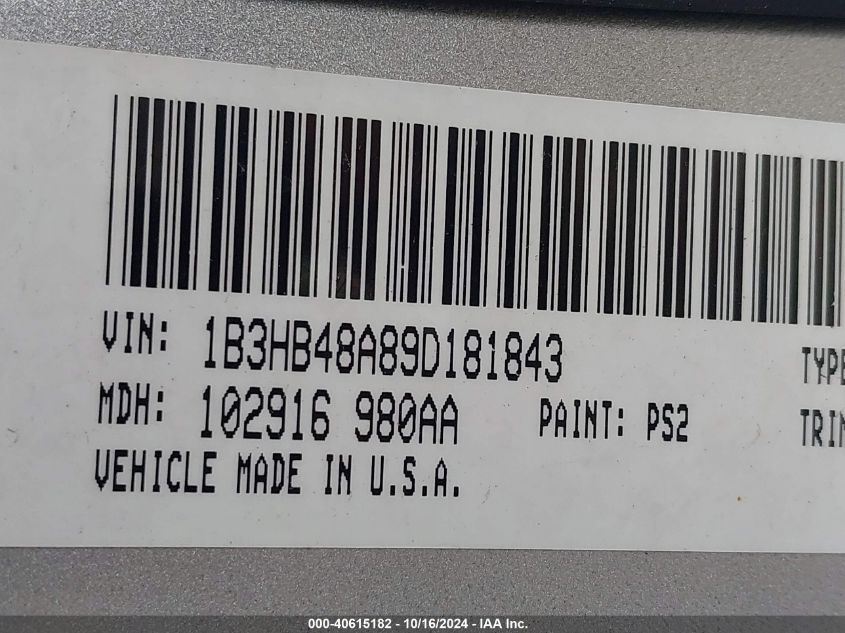 2009 Dodge Caliber Sxt VIN: 1B3HB48A89D181843 Lot: 40615182